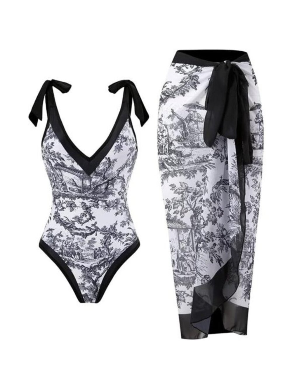 Women Swimsuits V Neck Floral One Piece with Cover Up, Black Flower